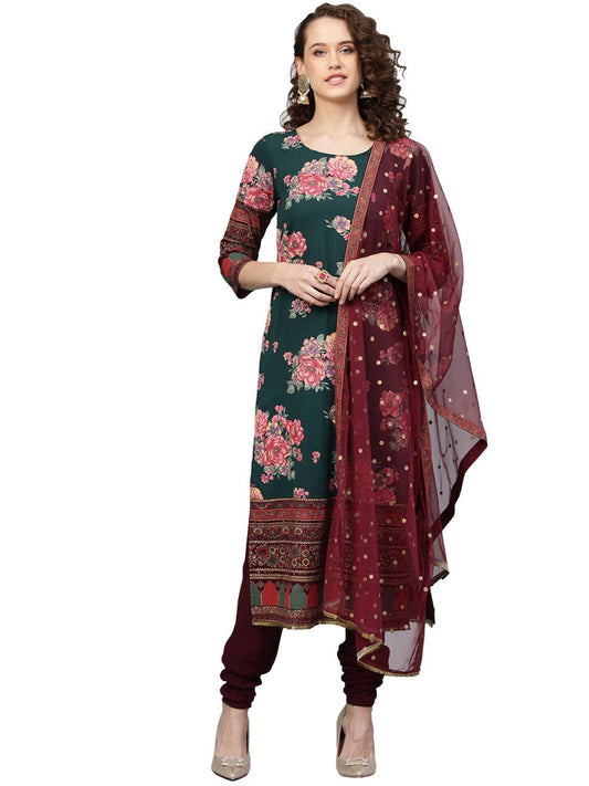 Ahalyaa Green & Burgundy Printed Kurta with Churidar & Dupatta | Swadesiicart