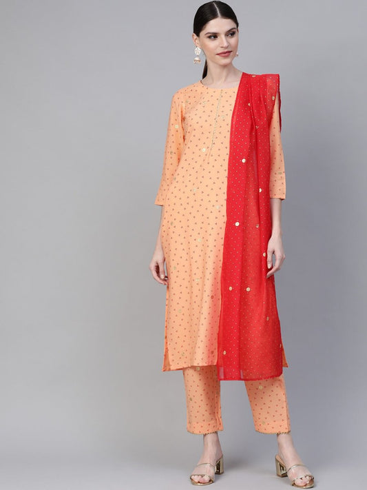 Ahalyaa Women Peach-Coloured & Red Screen Bandhani Printed Kurta with Trousers & Dupatta | Swadesiicart