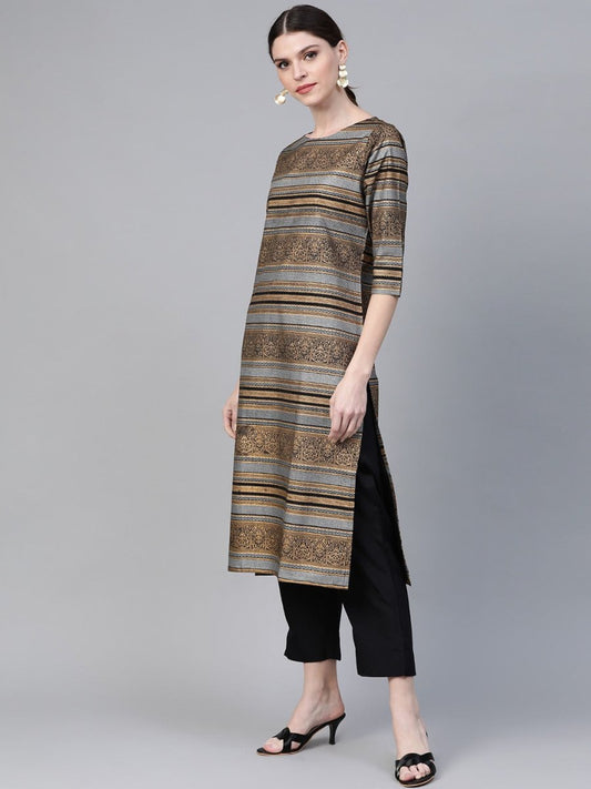 Ahalyaa Black & Golden Screen Printed Kurta with Trousers & Chevron Dupatta | Swadesiicart