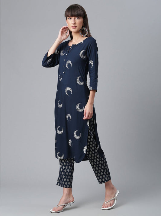 Ahalyaa Women Navy Blue Printed Regular Kurta With Trousers & Dupatta | Swadesiicart