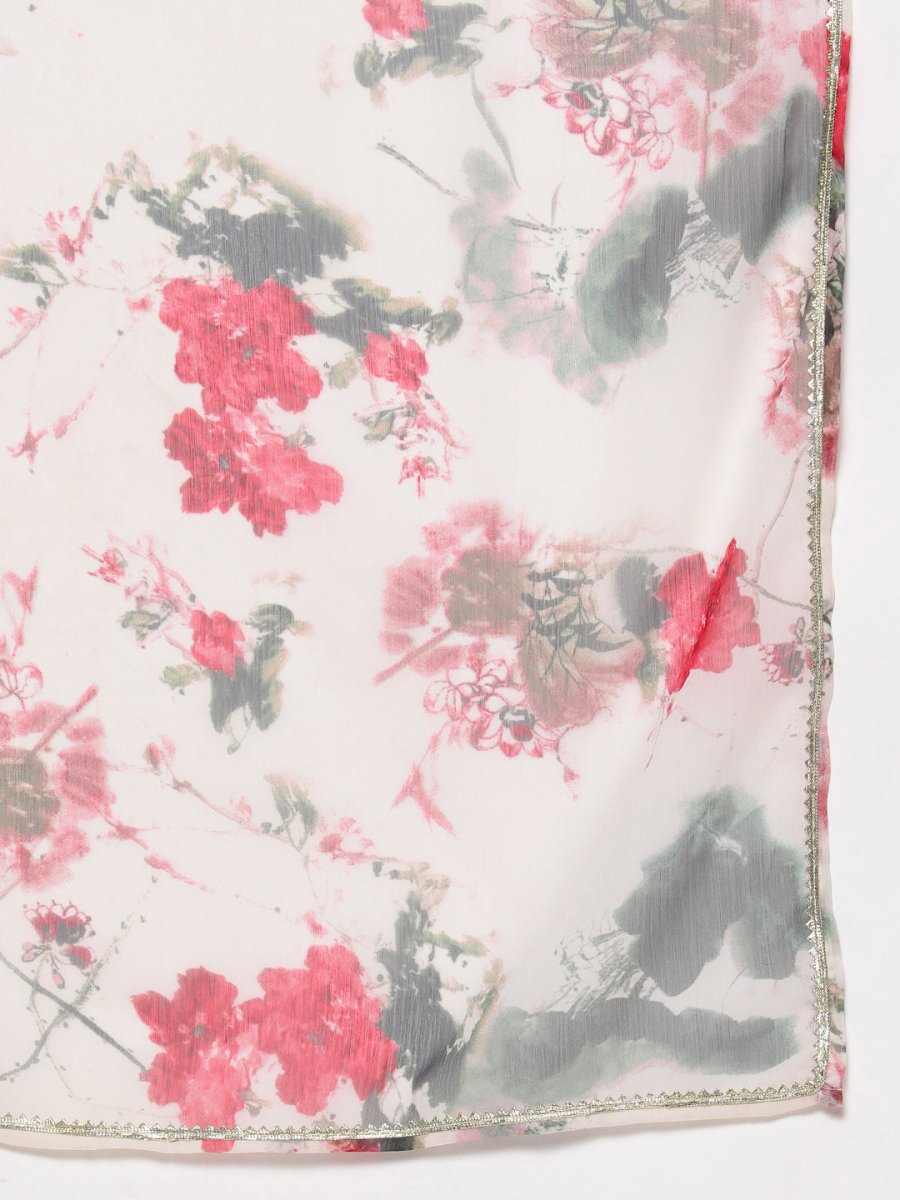 Ahalyaa Women Off White Floral Empire Gotta Patti Kurta with Trousers & With Dupatta | Swadesiicart