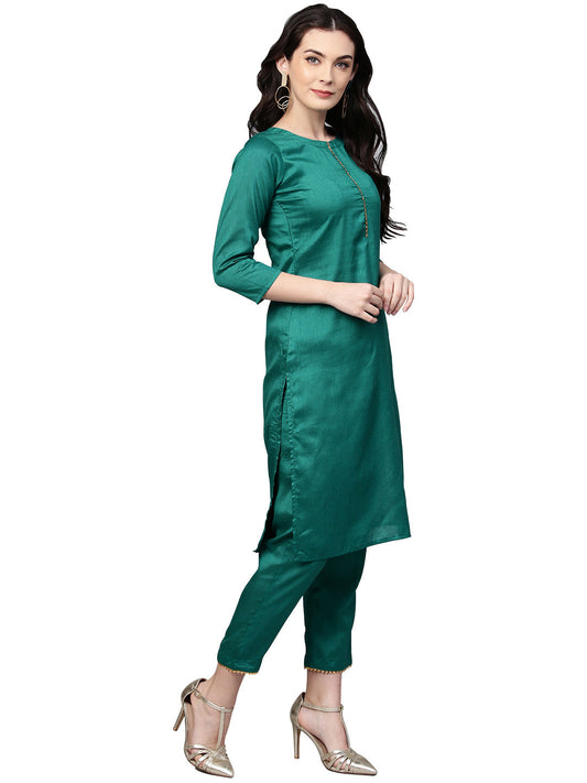 Indian Clothing Ahalyaa Green Solid Kurta with Trousers & Dupatta | Swadesiicart