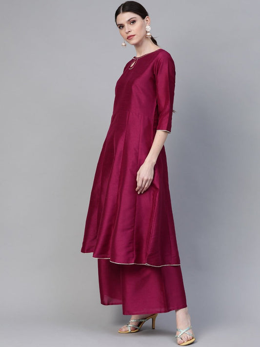 Ahalyaa Magenta & Grey Solid Anarkali Kurta with Palazzos & Floral Dupatta | Swadesiicart