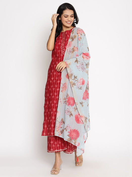 Ahalyaa Cotton Printed Kurta Plazzo With Dupatta Set | Swadesiicart