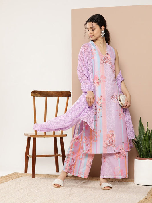 Ahalyaa Women Lavender Floral Printed Gotta Patti Kurta with Palazzos & With Dupatta | Swadesiicart