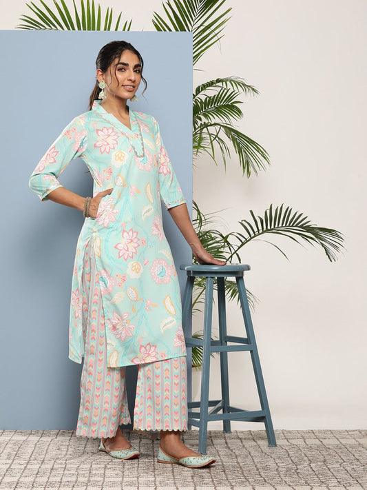 Ahalyaa Women Blue Floral Printed Gotta Patti Kurta with Palazzos & With Dupatta | Swadesiicart