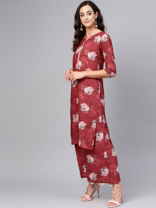 Ahalyaa Women Maroon Printed Kurta with Palazzo & Dupatta | Swadesiicart