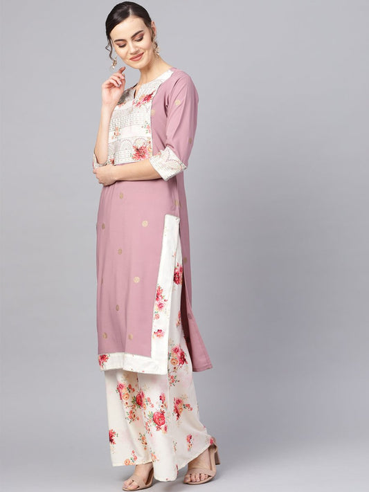 Ahalyaa Women Mauve & Cream-Coloured Printed Kurta with Palazzos & Dupatta | Swadesiicart