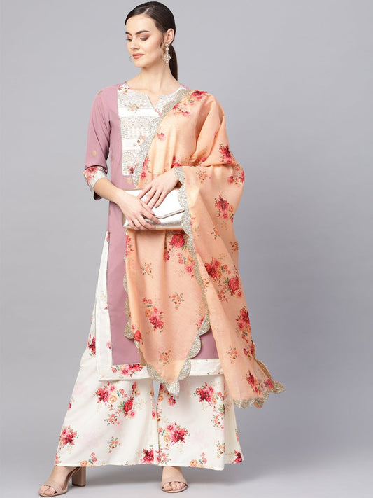 Ahalyaa Women Mauve & Cream-Coloured Printed Kurta with Palazzos & Dupatta | Swadesiicart