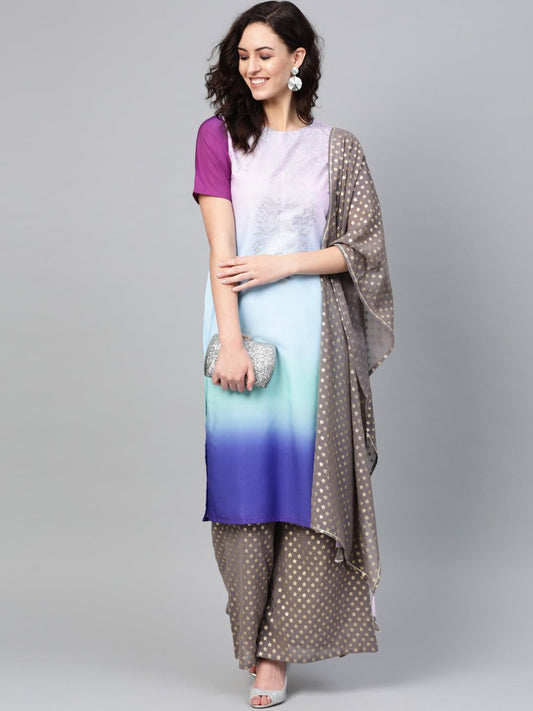 Ahalyaa Women Blue & Charcoal Grey Printed Kurta with Palazzos & Dupatta | Swadesiicart