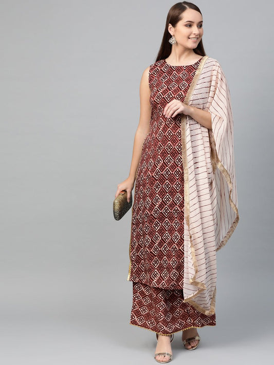 Ahalyaa Women Maroon & Off-White Printed Kurta with Palazzos & Dupatta | Swadesiicart