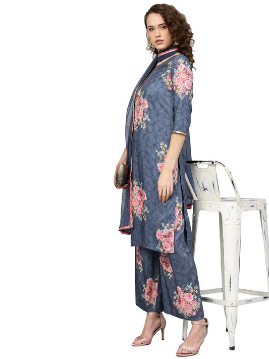 Ahalyaa Women Blue & Pink Printed Kurta with Palazzos & Dupatta | Swadesiicart