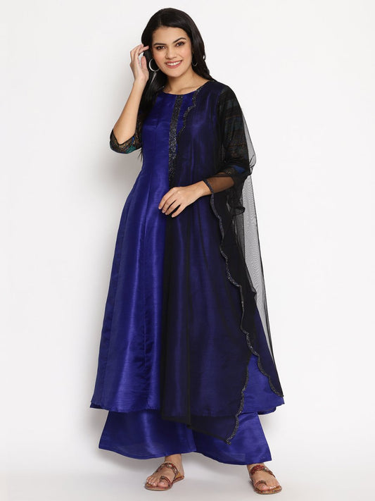 Ahalyaa Women Blue Solid Kurta With Palazzos & Dupatta | Swadesiicart