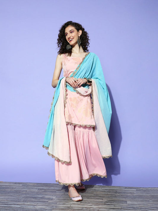 Ahalyaa Pink Floral Printed Regular Kurti With Sharara & With Dupatta | Swadesiicart