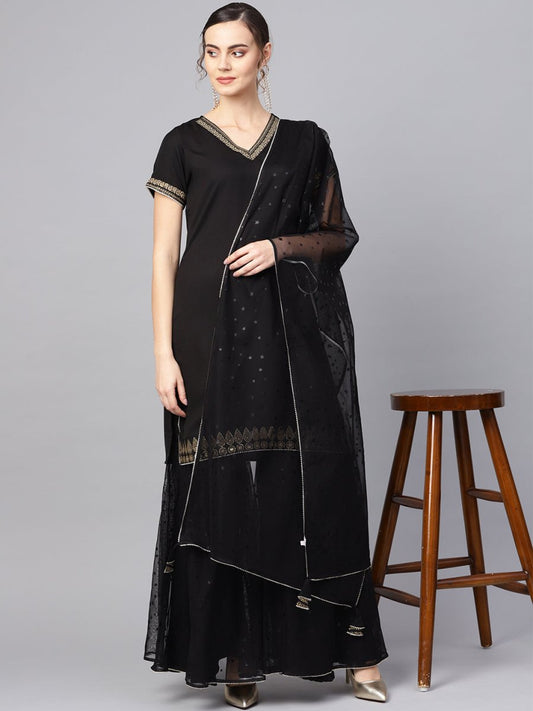 Ahalyaa Solid Black Kurta with Sharara Set | Swadesiicart