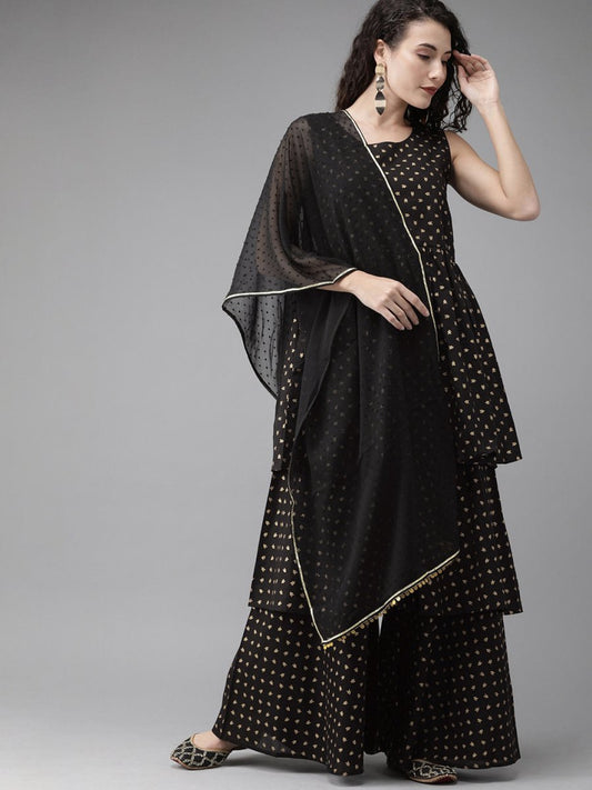 Ahalyaa Women Black & Golden Printed Tiered Kurta With Sharara & Dupatta | Swadesiicart