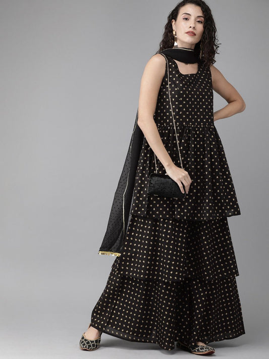 Ahalyaa Women Black & Golden Printed Tiered Kurta With Sharara & Dupatta | Swadesiicart