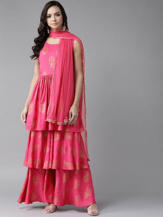 Ahalyaa Pink & Golden Foil Print Kurti with Sharara & Dupatta | Swadesiicart