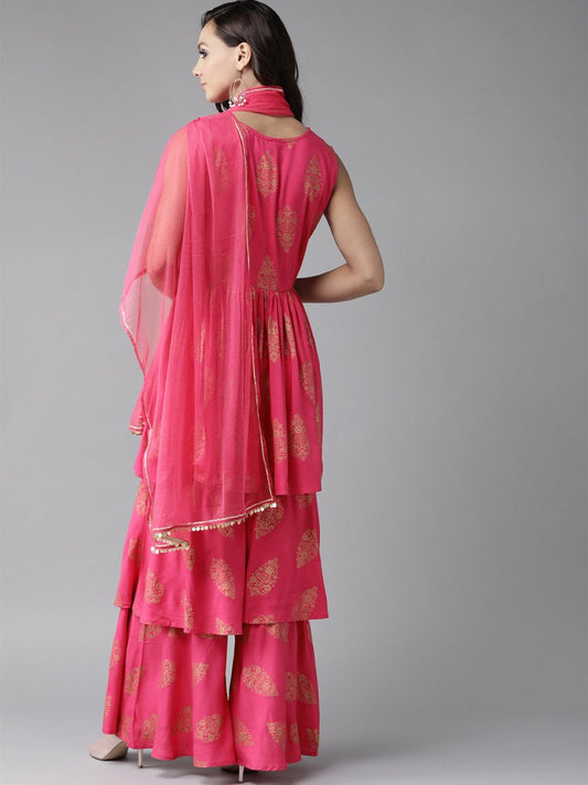 Ahalyaa Pink & Golden Foil Print Kurti with Sharara & Dupatta | Swadesiicart