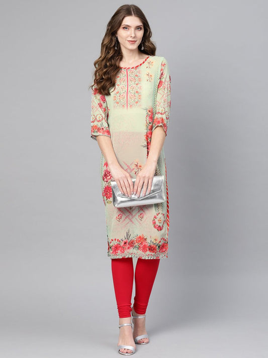 Ahalyaa Green & Coral Pink Floral Print Straight Kurta | Swadesiicart