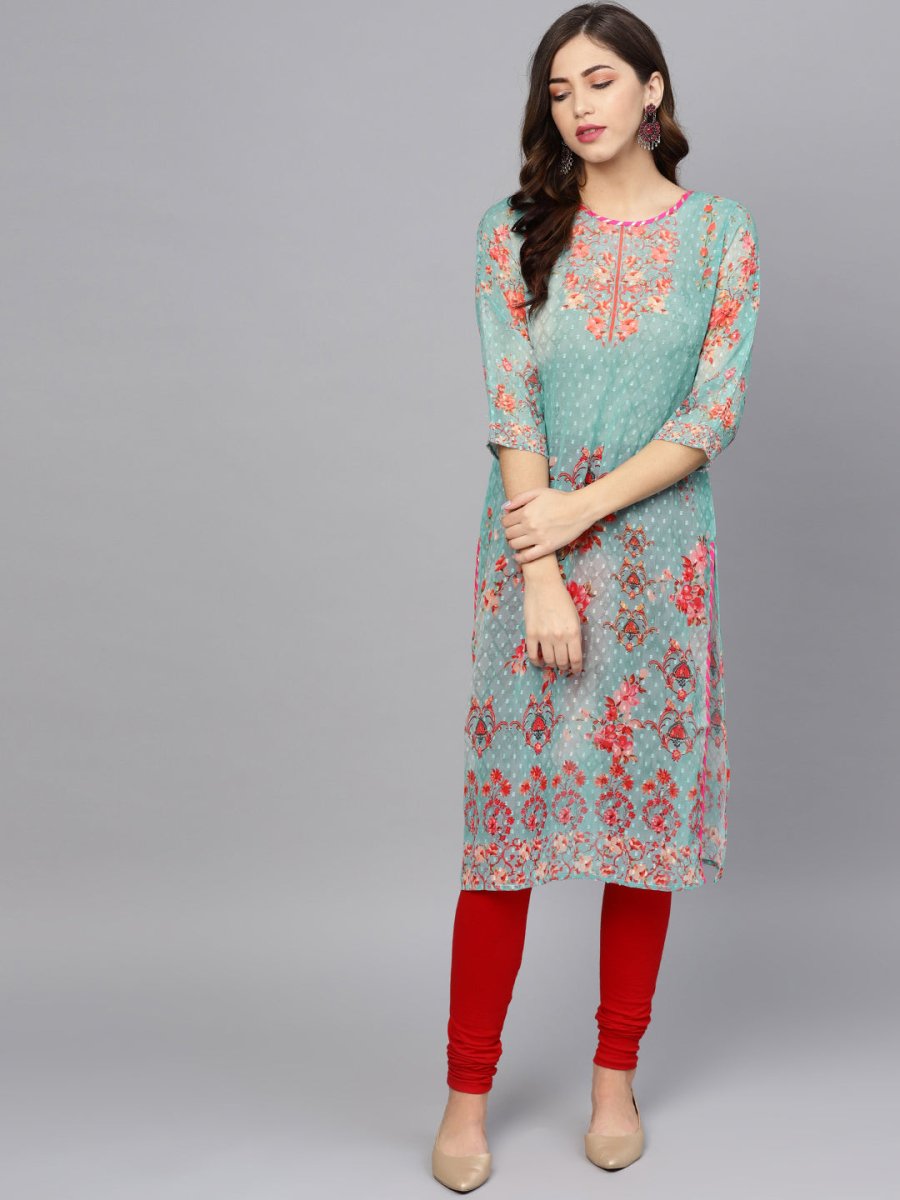 Ahalyaa Women Sea Green & Red Printed Straight Kurta | Swadesiicart