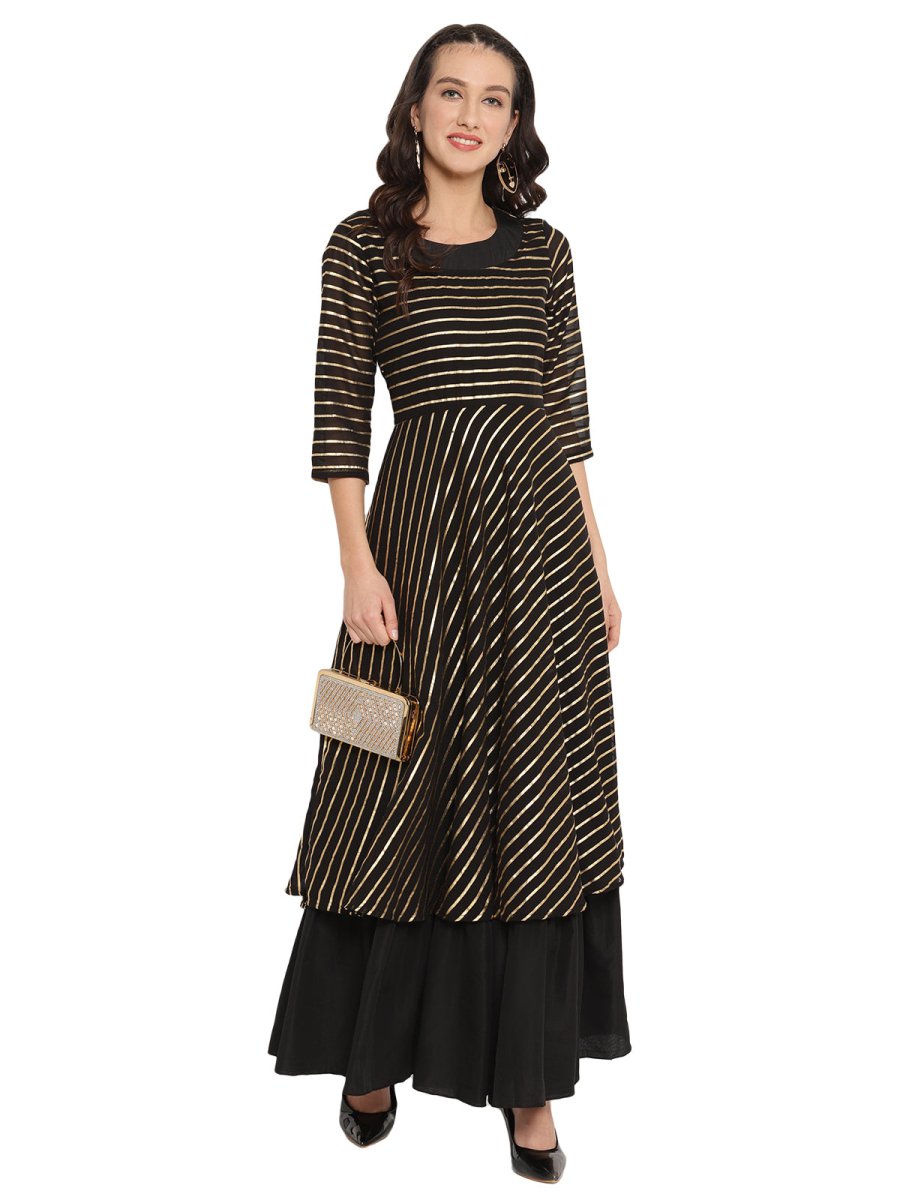 Ahalyaa Black & Golden Striped Layered Maxi Dress | Swadesiicart
