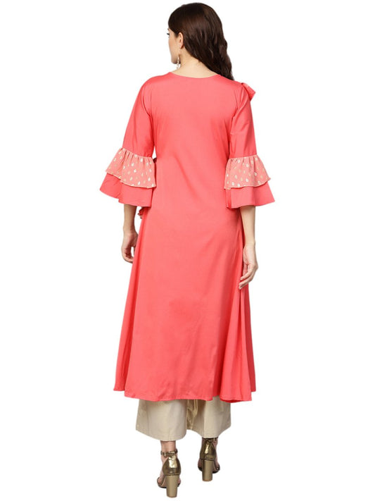 Ahalyaa Women Coral Pink Solid Ruffle Detail Angrakha Beautiful Kurta | Swadesiicart