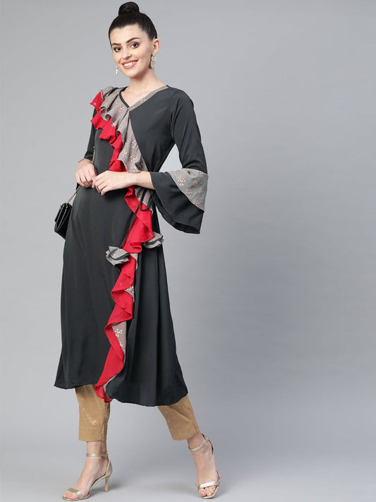 Ahalyaa Women Charcoal Grey Solid Ruffled Angrakha A-Line Kurta | Swadesiicart