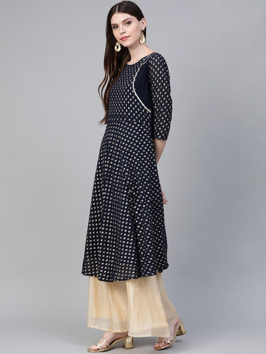 Ahalyaa Navy-Blue Printed Straight Kurta | Swadesiicart
