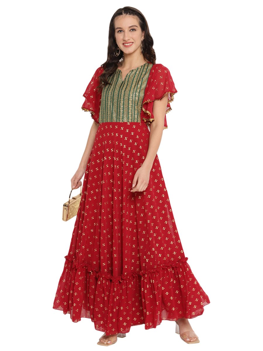 Ahalyaa Maroon & Golden Printed Fit and Flare Maxi Dress | Swadesiicart