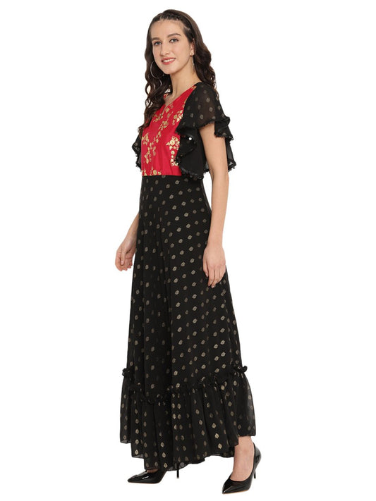 Ahalyaa Black & Red Flared Ethnic Maxi Dress | Swadesiicart