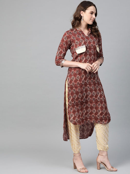 Ahalyaa Maroon & Cream-Coloured Printed Straight Kurta with Salwar | Swadesiicart