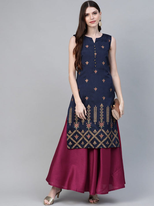 Ahalyaa Women Navy Blue & Magenta Ethnic Sreen Printed Layered Maxi Dress | Swadesiicart
