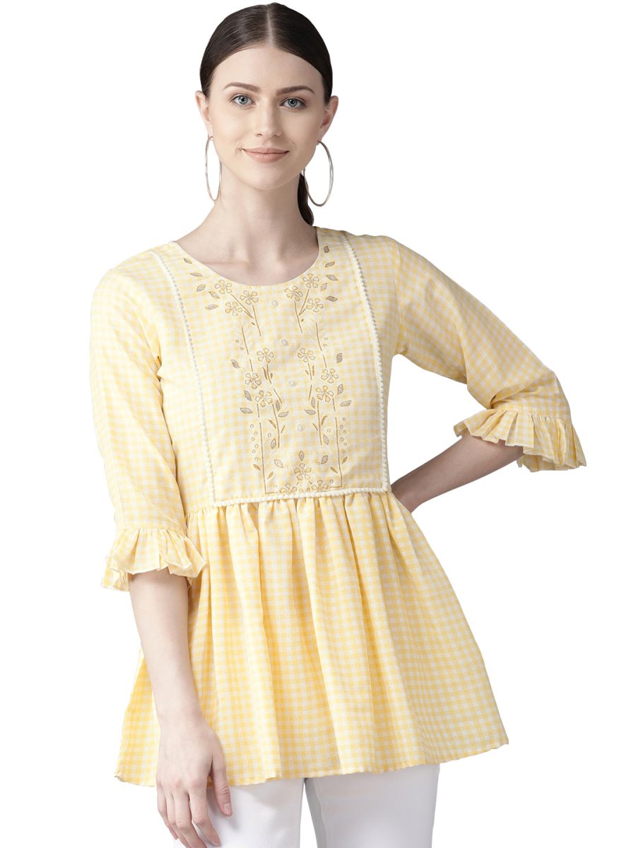 Ahalyaa Yellow & White Checked A-Line Top | Swadesiicart