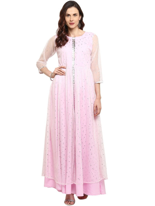 Ahalyaa Women's Stylist Double Layered Light Pink Indo Western Kurta Dress | Swadesiicart