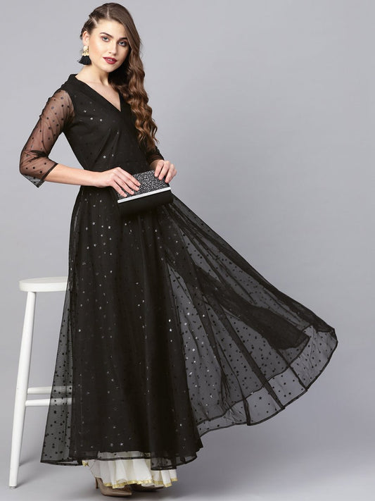Ahalyaa Black Star Foil Print Angrakha Anarkali Kurta | Swadesiicart