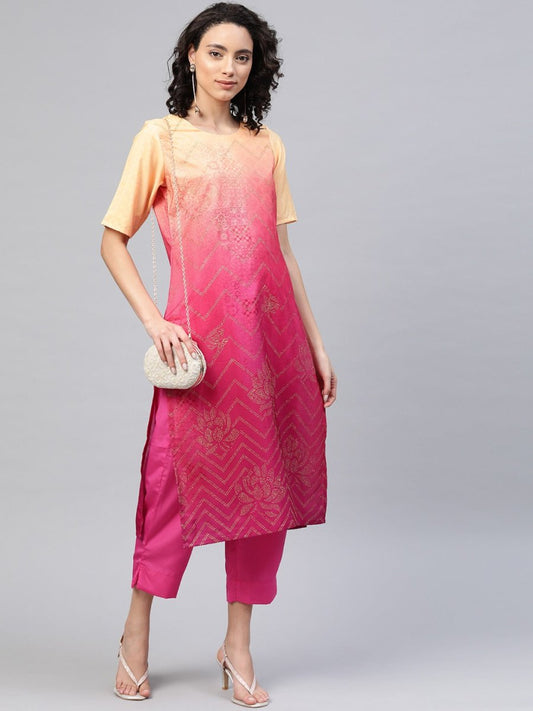 Ahalyaa Women Pink & Golden Dyed Printed Kurta With Trousers | Swadesiicart