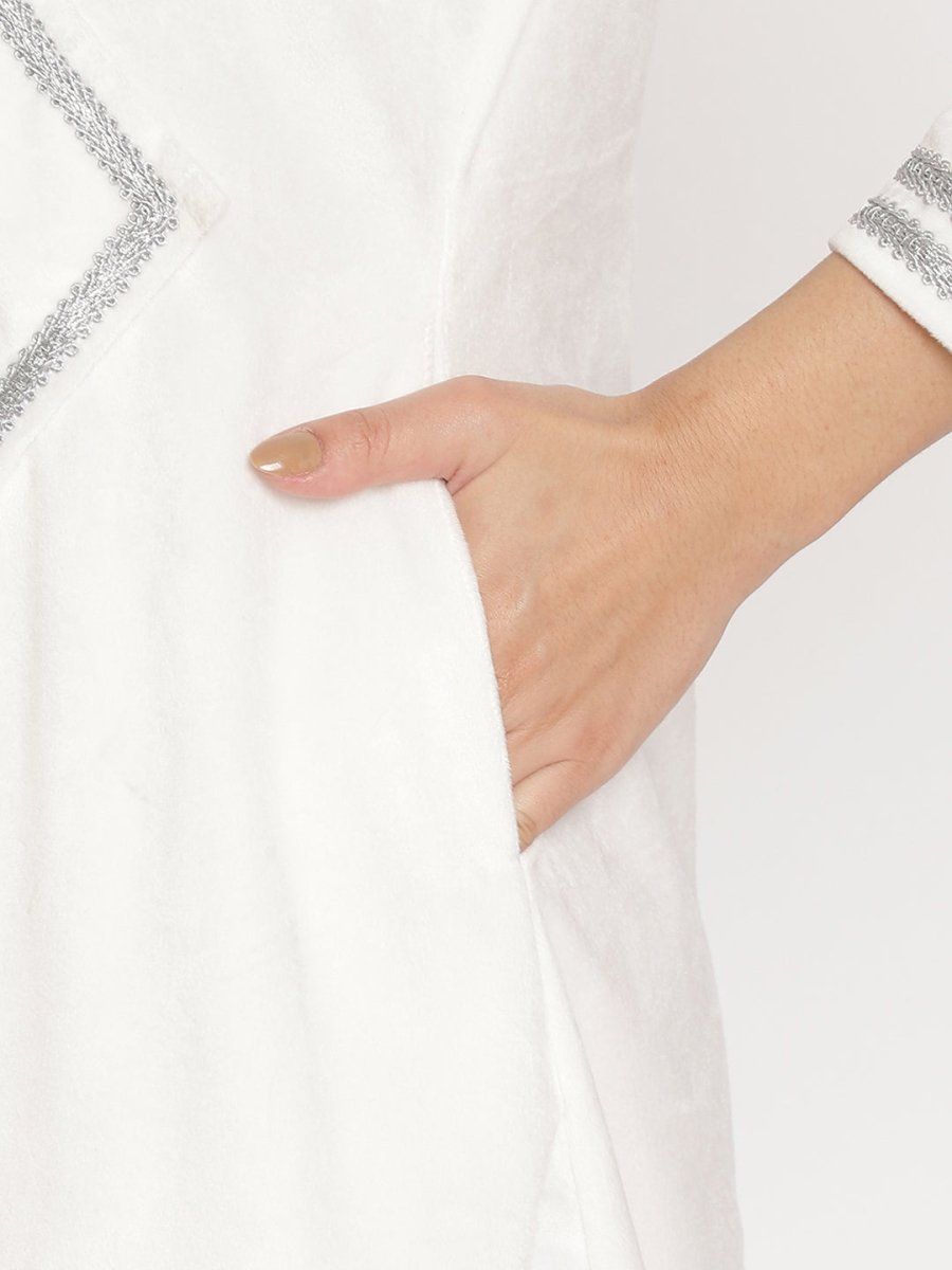 Ahalyaa Women's White Solid Velvet Angrakha Kurta With Gold Printed Pant | Swadesiicart