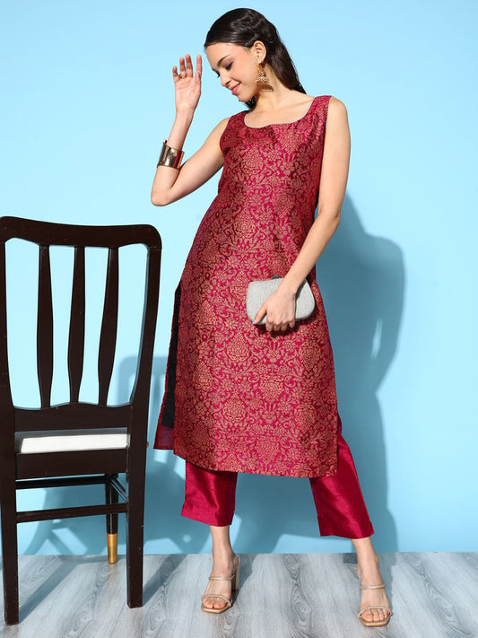 Ahalyaa Burgundy Ethnic Motif Woven Design Sleeveless Kurta | Swadesiicart