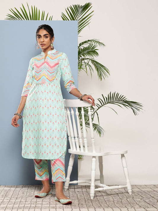 Ahalyaa Women Turquoise Blue Printed Gotta Patti Kurta with Trousers | Swadesiicart