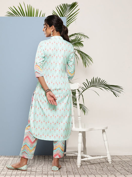 Ahalyaa Women Turquoise Blue Printed Gotta Patti Kurta with Trousers | Swadesiicart