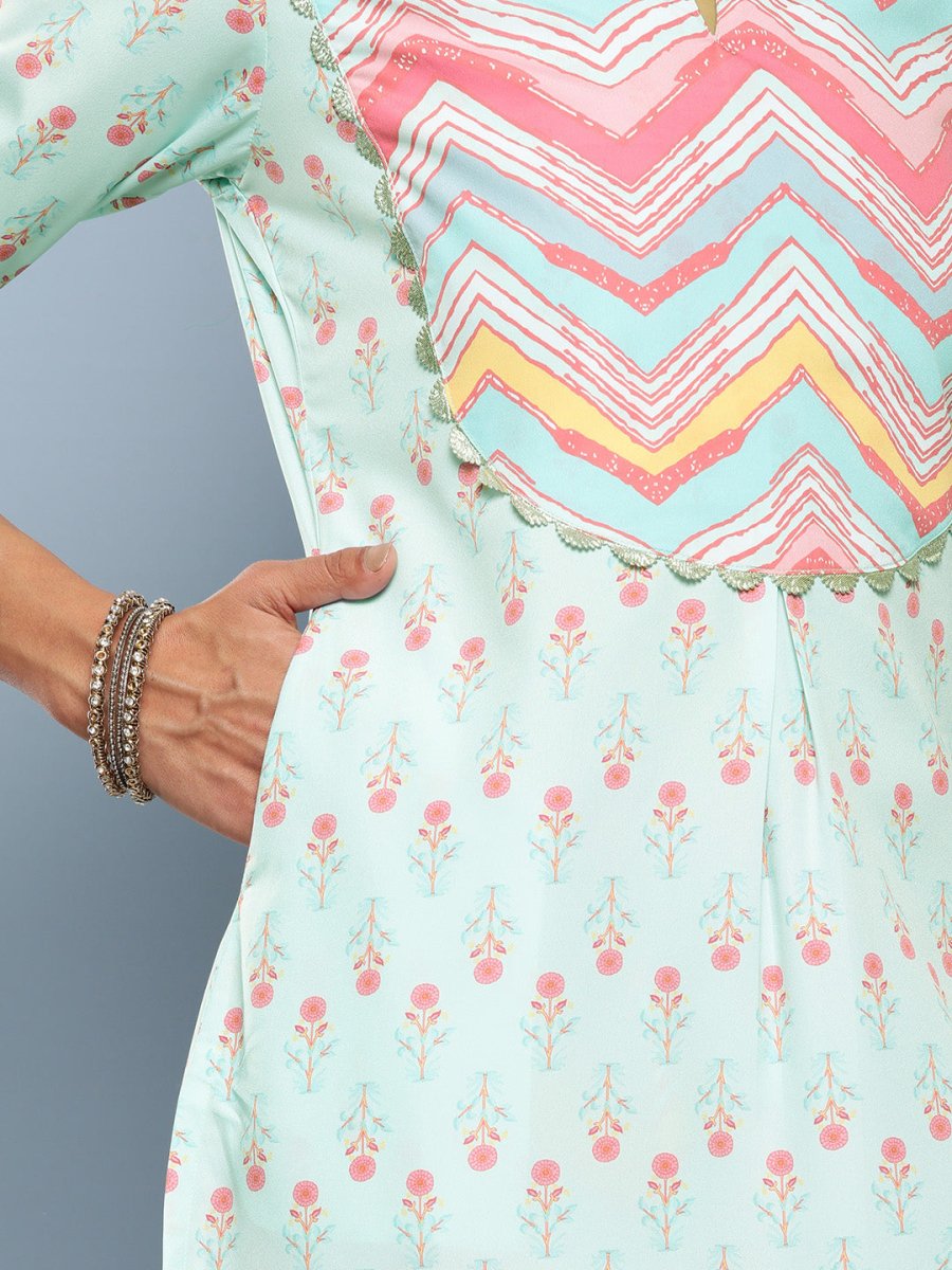 Ahalyaa Women Turquoise Blue Printed Gotta Patti Kurta with Trousers | Swadesiicart