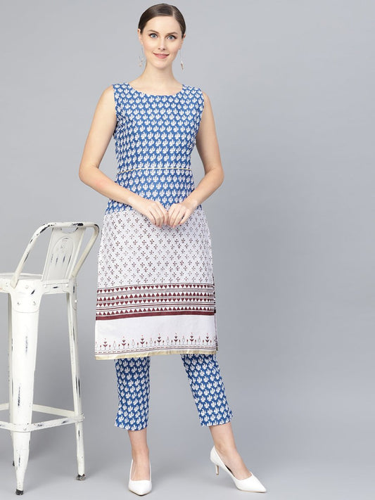 Ahalyaa Women Blue & White Printed Kurta with Trousers | Swadesiicart