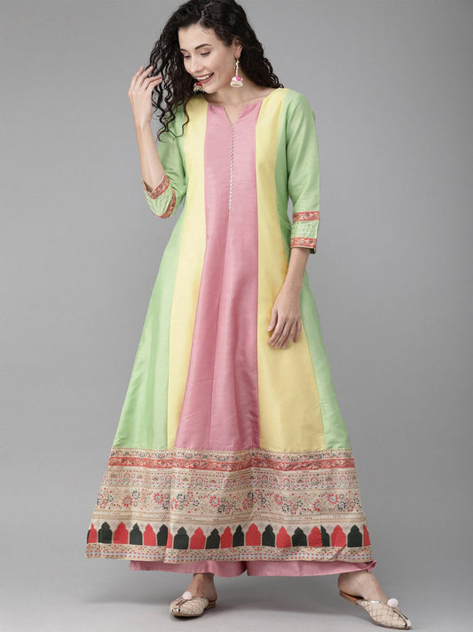 Ahalyaa Women Pink & Yellow Colourblocked Kurta with Palazzos | Swadesiicart