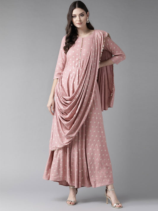 Ahalyaa Pink & Golden Printed Maxi Dress With Attached Dupatta | Swadesiicart