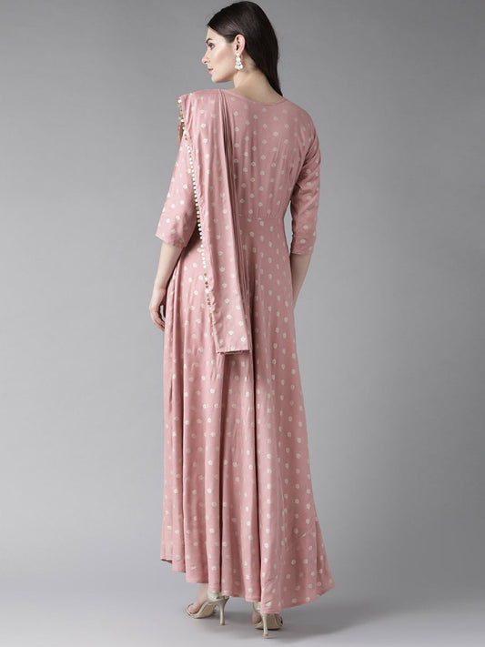 Ahalyaa Pink & Golden Printed Maxi Dress With Attached Dupatta | Swadesiicart