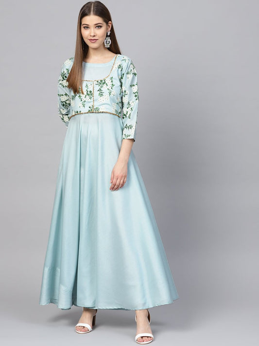 Ahalyaa Sky Blue Pigment Print A-Line Kurta | Swadesiicart