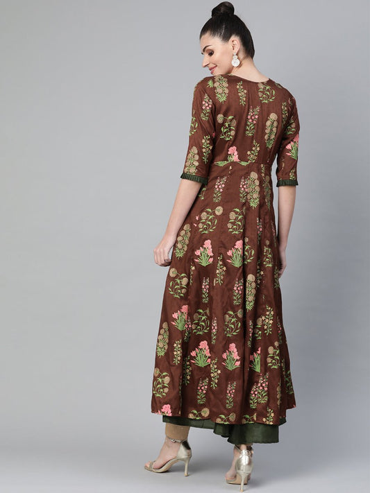 Ahalyaa Women Brown & Olive Green Floral Print Layered Beautiful Anarkali Kurta | Swadesiicart