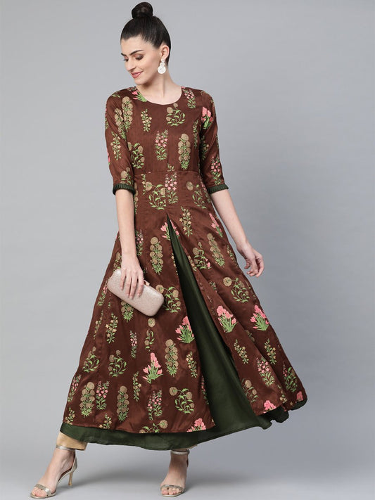 Ahalyaa Women Brown & Olive Green Floral Print Layered Beautiful Anarkali Kurta | Swadesiicart