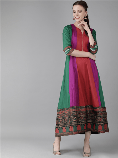Ahalyaa Women Multicoloured Colourblocked Panalled Maxi Dress | Swadesiicart